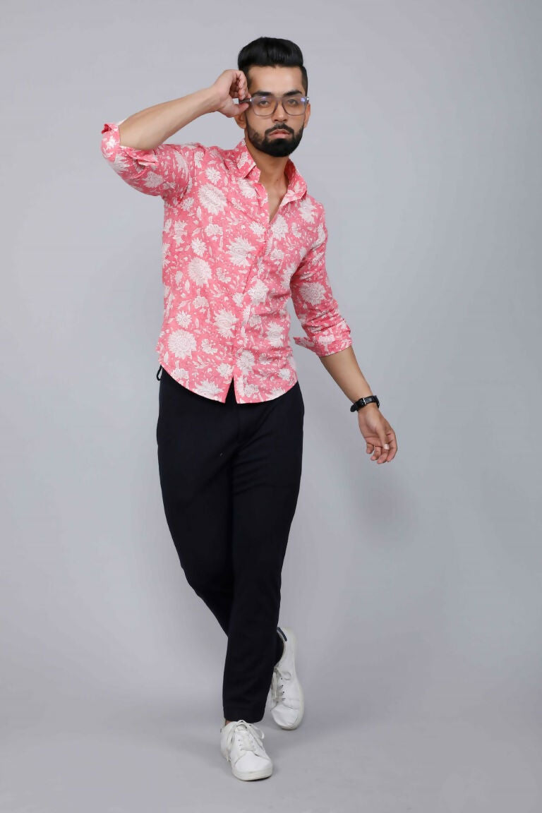 Miravan Men's Pink Floral Print Comfort Cotton Casual Shirt | Grocsy