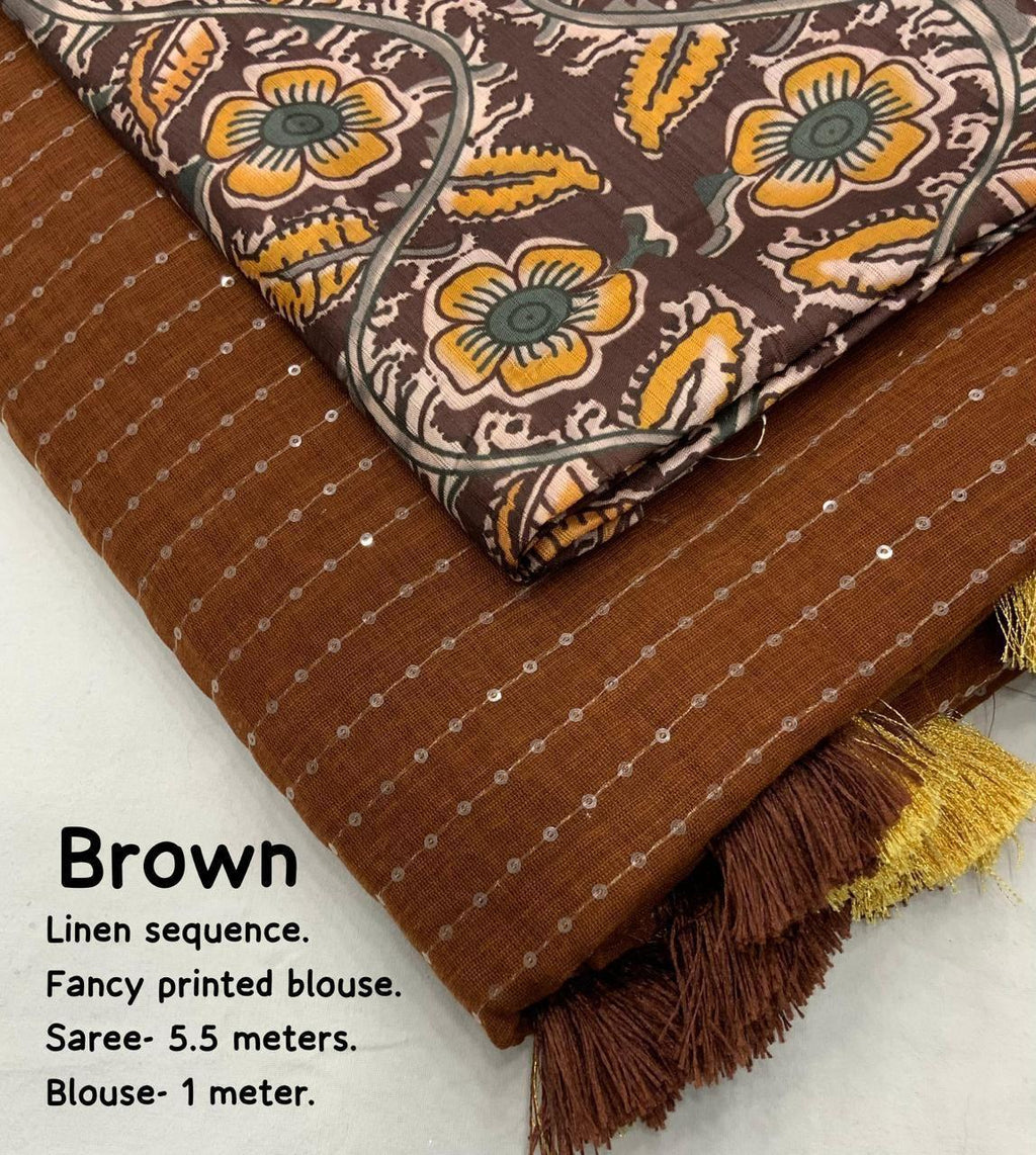 Brown Linen Sequence Saree with Unstitched Blouse - Hiral Fashion | Grocsy