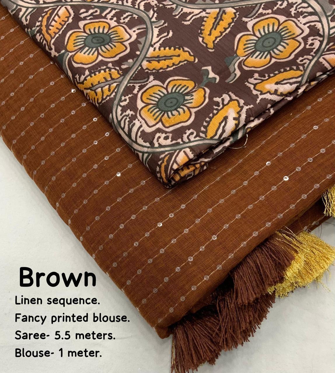 Brown Linen Sequence Saree with Unstitched Blouse - Hiral Fashion | Grocsy