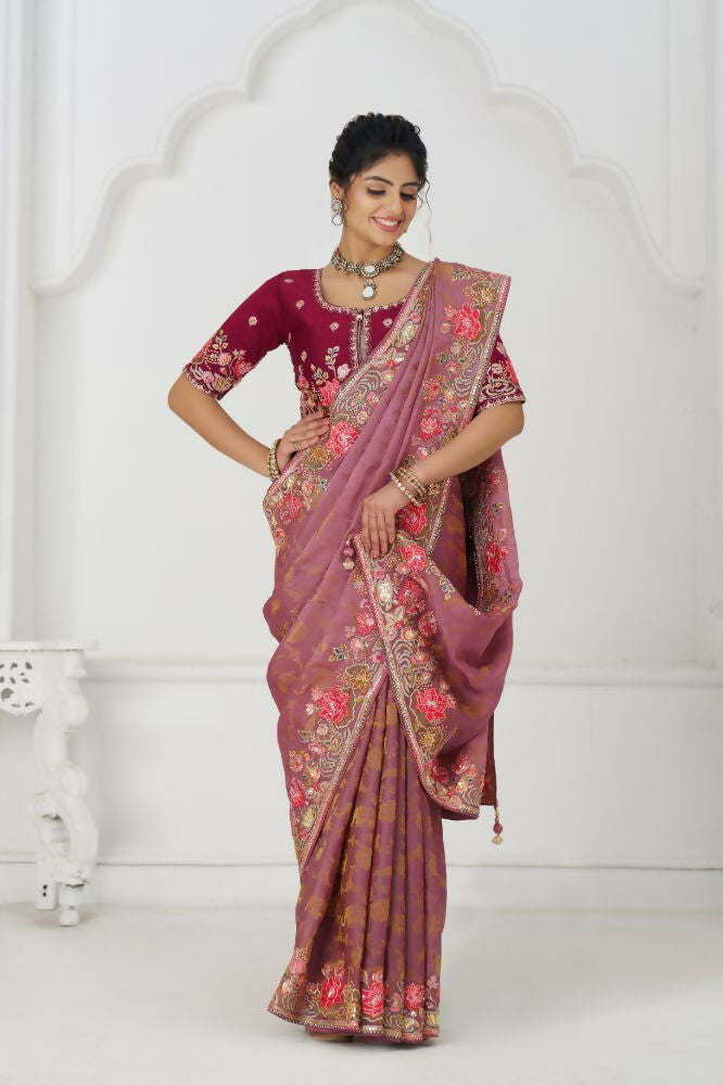 Kesar Fab Threaded Blossoms: Pink With Colorful Floral Embroidery Saree | Grocsy