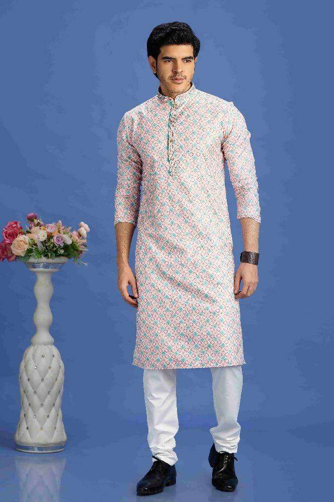 Raivat Ethnic Cotton Embroidery Kurta Pajama In Peach Colour | Grocsy