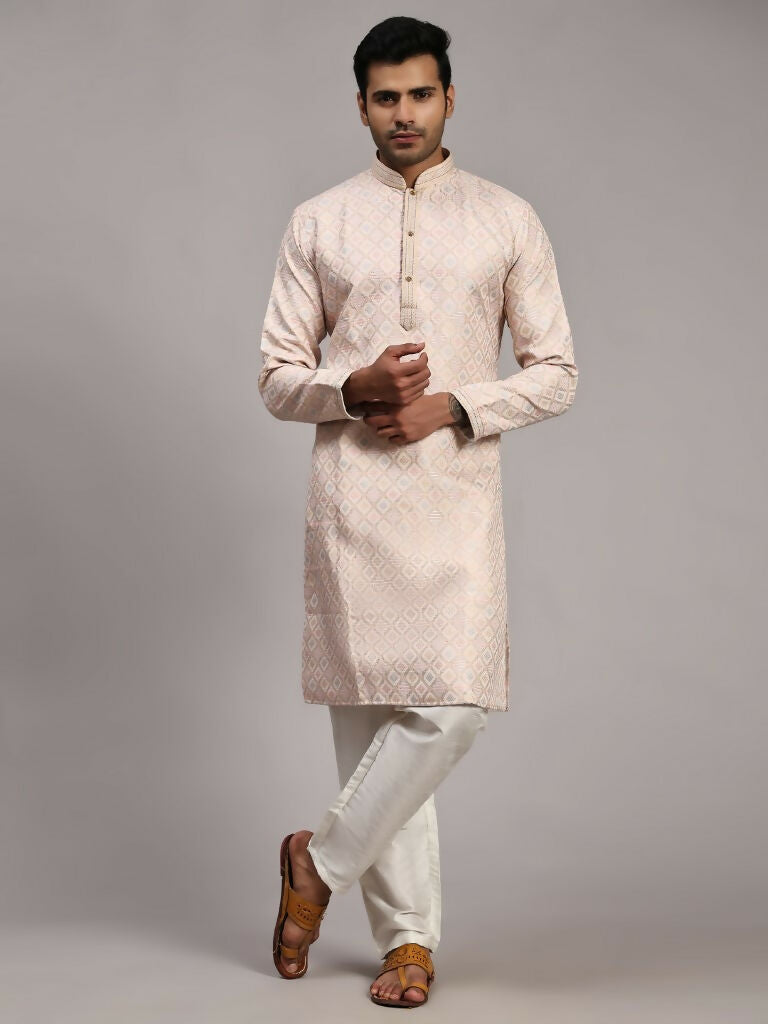 Pink Viscose Jacquard Woven Jacquard Designer Men's Rajwadi Kurta Set - Mahotsav | Grocsy