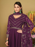Jyoti Fashion Women's Purple Georgette Embroidered Anarkali Kurta Pant Set With Dupatta | Grocsy
