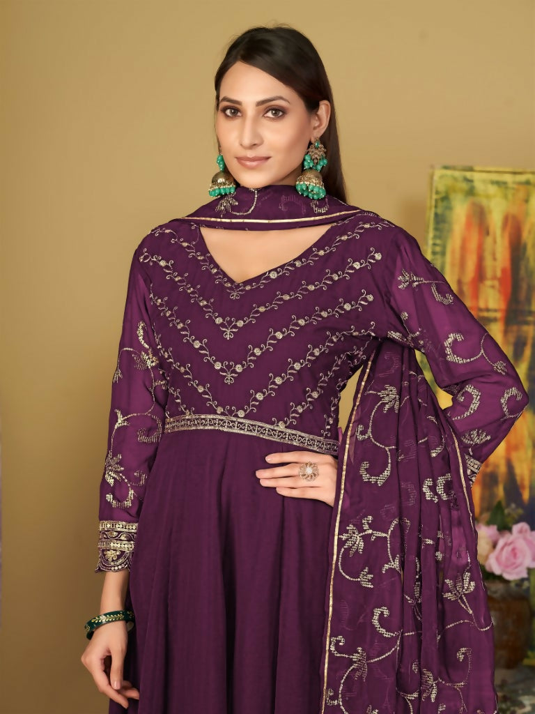 Jyoti Fashion Women's Purple Georgette Embroidered Anarkali Kurta Pant Set With Dupatta | Grocsy