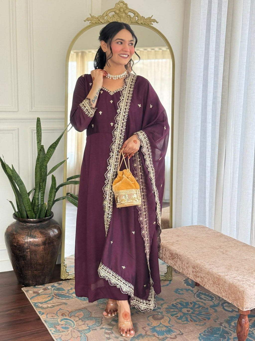 The52 Wine Women's Gorgeous Vichitra Silk Fabric Embroidered Work Flared Anarkali Pant and Dupatta Set | Grocsy