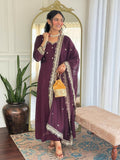 The52 Wine Women's Gorgeous Vichitra Silk Fabric Embroidered Work Flared Anarkali Pant and Dupatta Set | Grocsy