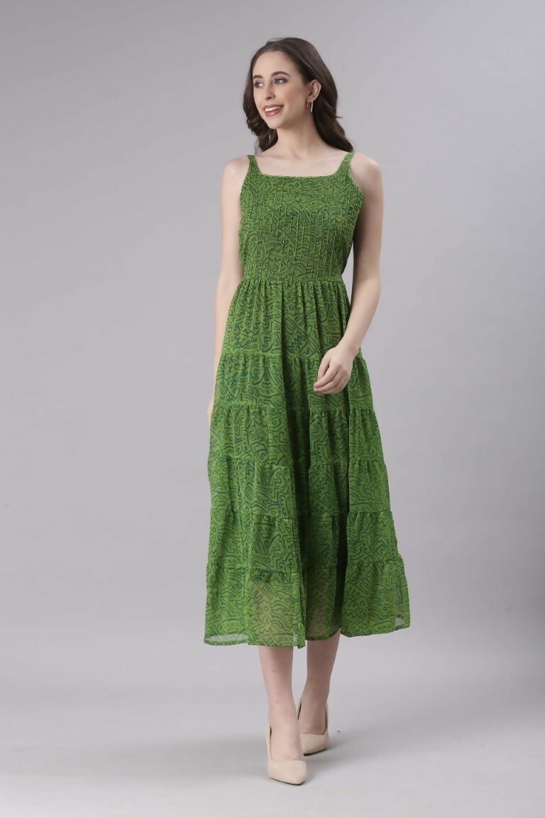 Souchii Green Varlie Printed Tiered Dress – Flowy Fit & Flare | Grocsy