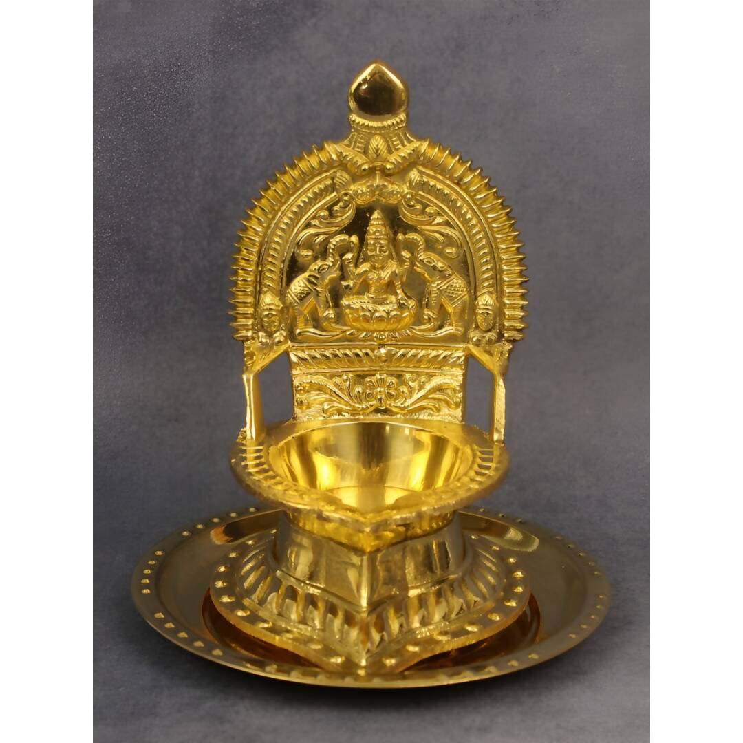 Spillbox Gold Toned Kamachi Diya With Plate Pooja Essentials | Grocsy
