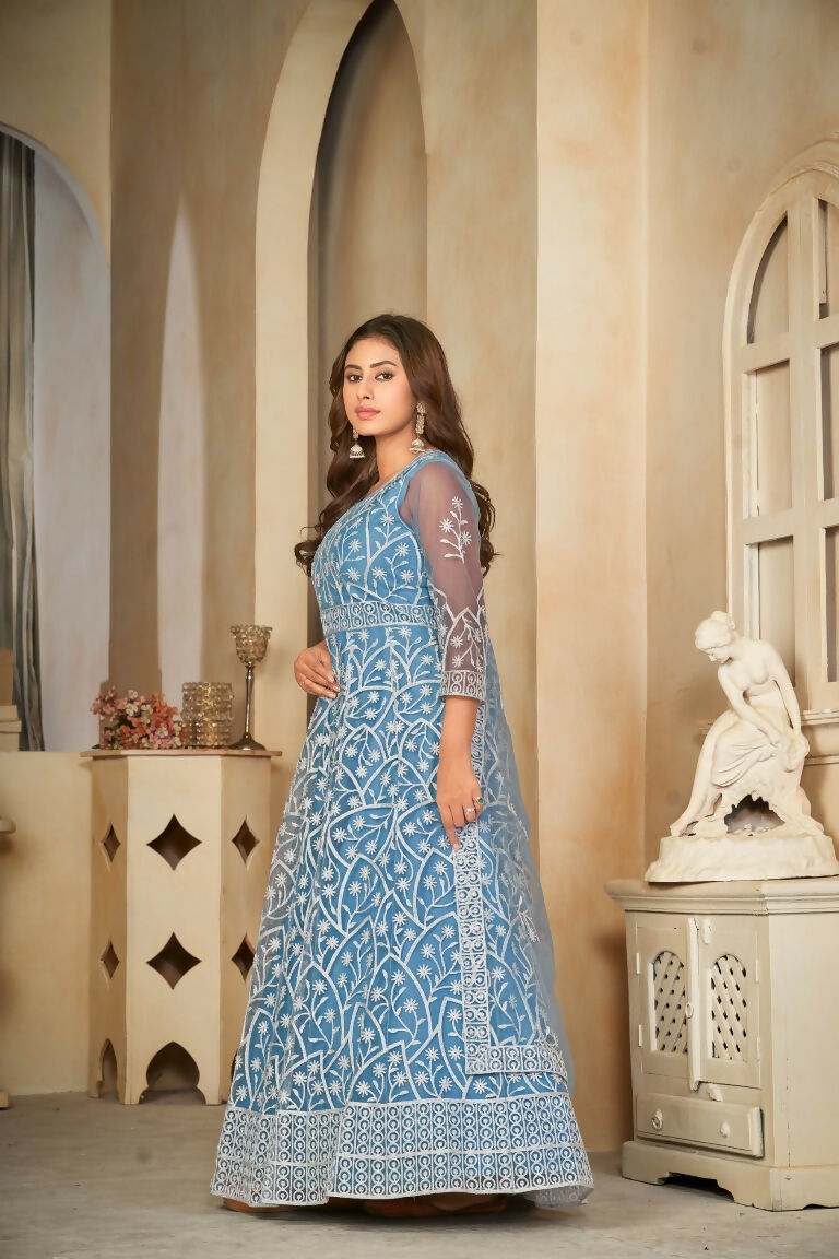 Jyoti Fashion Women's Sky Blue Net Embroidered Anarkali Kurta Pant Set With Dupatta | Grocsy