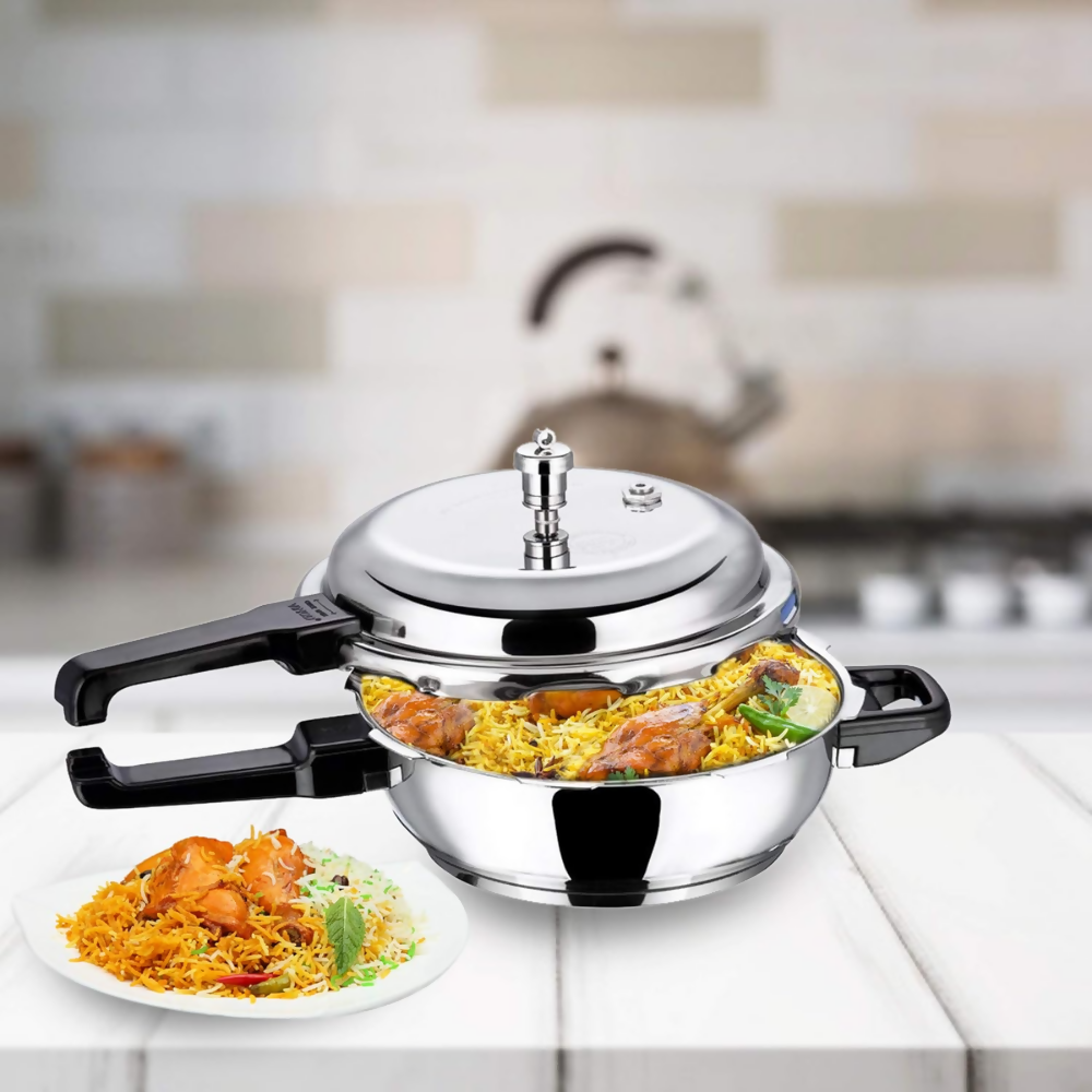Vinod 18/8 Stainless Steel Outer Lid Sandwich Bottom Deep Pan Pressure Cooker | Grocsy
