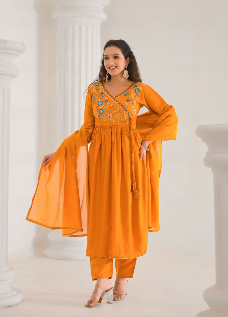 Ethnic Festive Wear Viscose Chanderi orange Stitched Suit With Dupatta - Tanisha | Grocsy