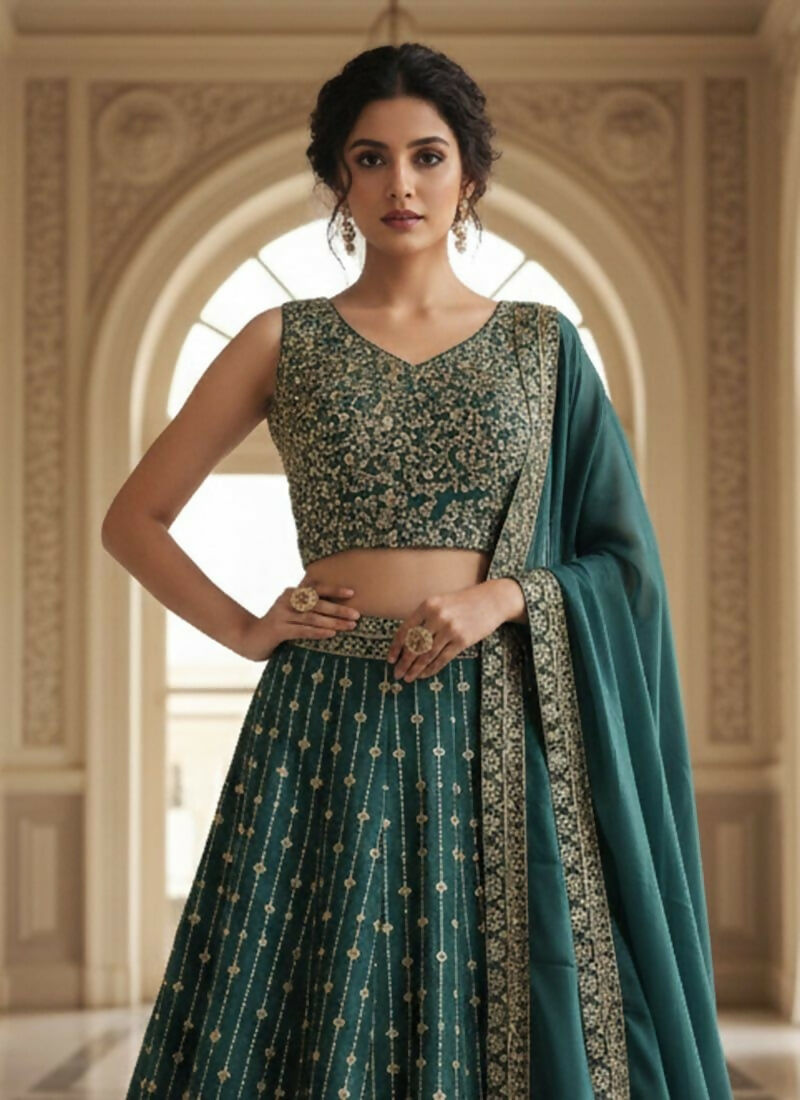 Lehenga Mart Teal Green Star Faux Georgette Designer Bollywood Style Wedding Wear Lehenga Choli | Grocsy