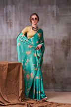 Vastranavya Sea Blue Satin Silk Printed Saree with a Natural Silk Unstitched Blouse | Grocsy