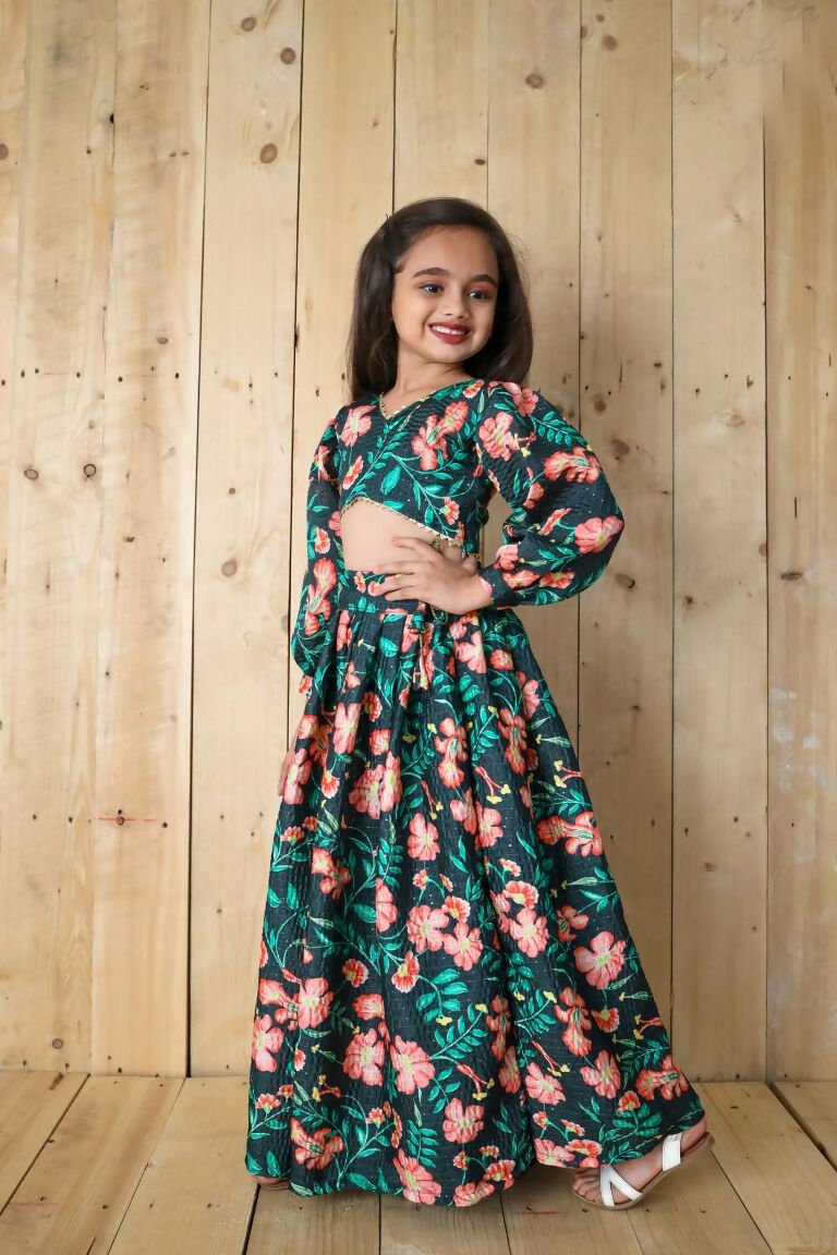 Aayaa Designer Printed Chinon Crochet Sequance Kids Lehenga Choli - Green | Grocsy
