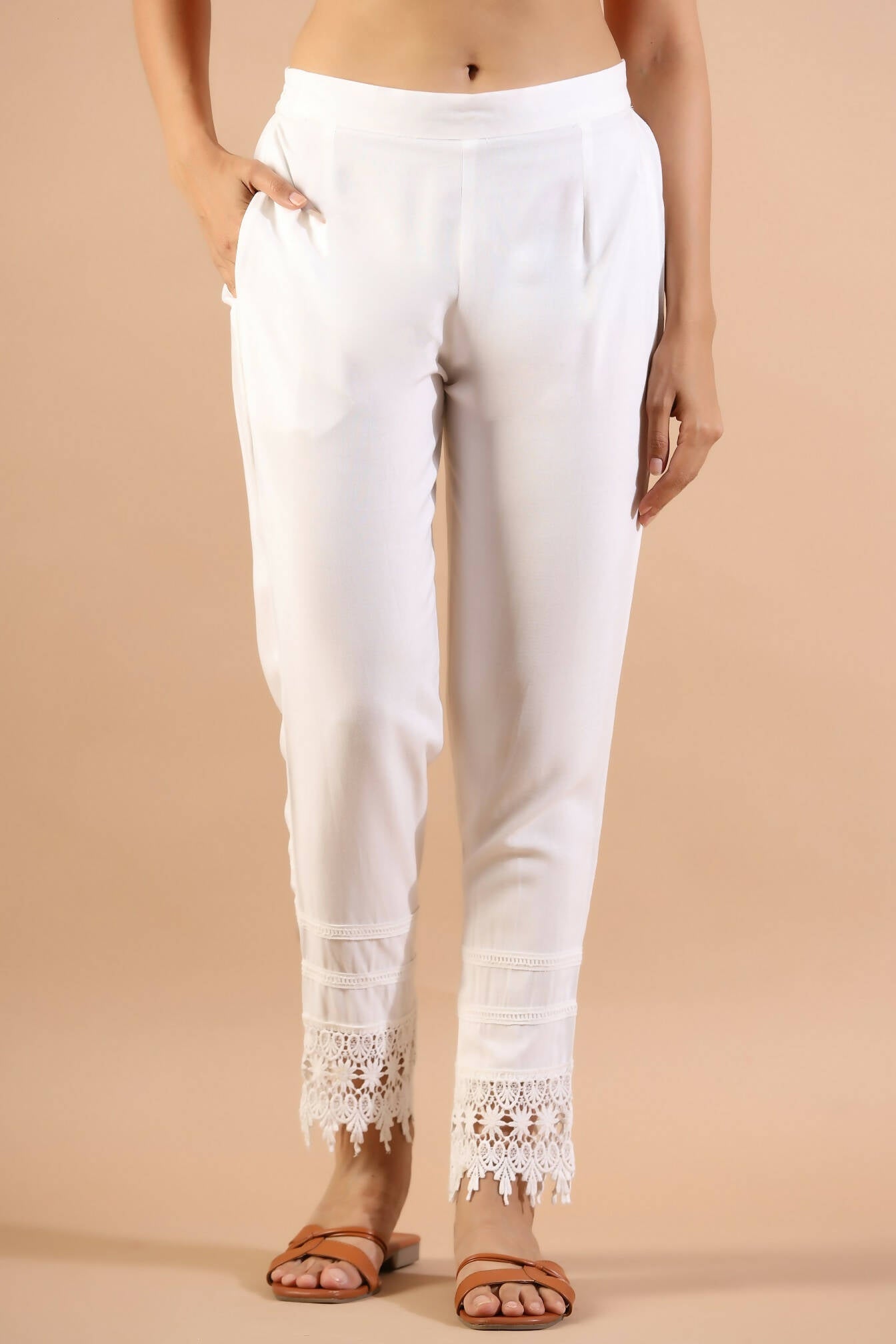 Juniper Women's White Rayon Solid Straight Pant | Grocsy