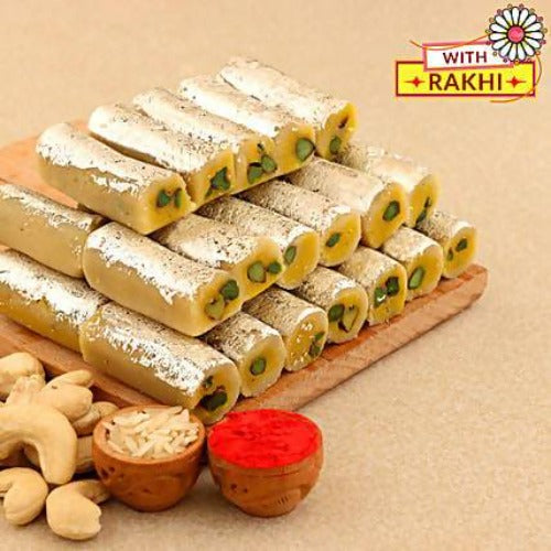 Zardosi Motif Rakhi & Kaju Rolls Box | Grocsy