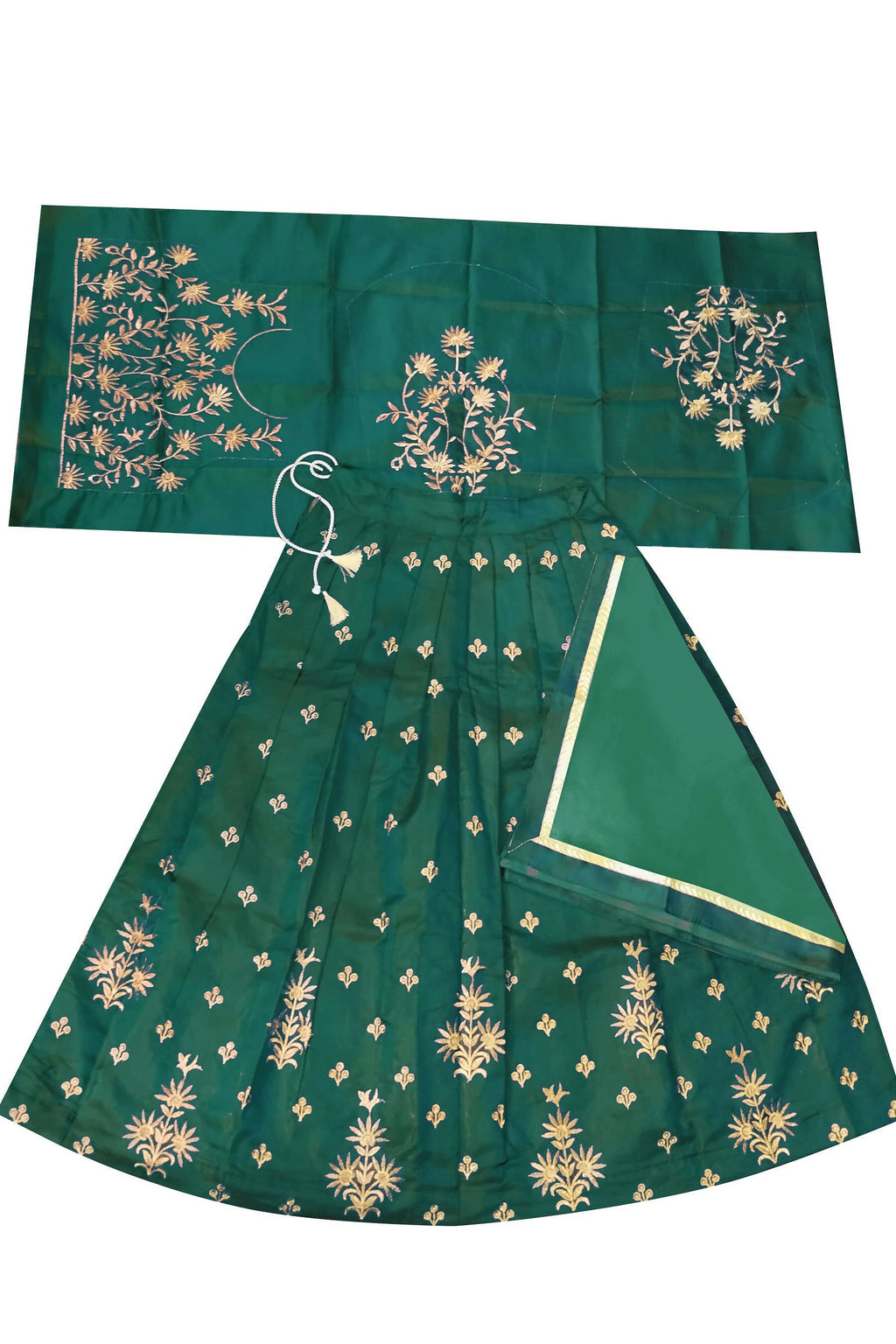 Dwiden Green Rohini Tafetta Sattin Semi-Stitched Girl's Lehenga Choli | Grocsy