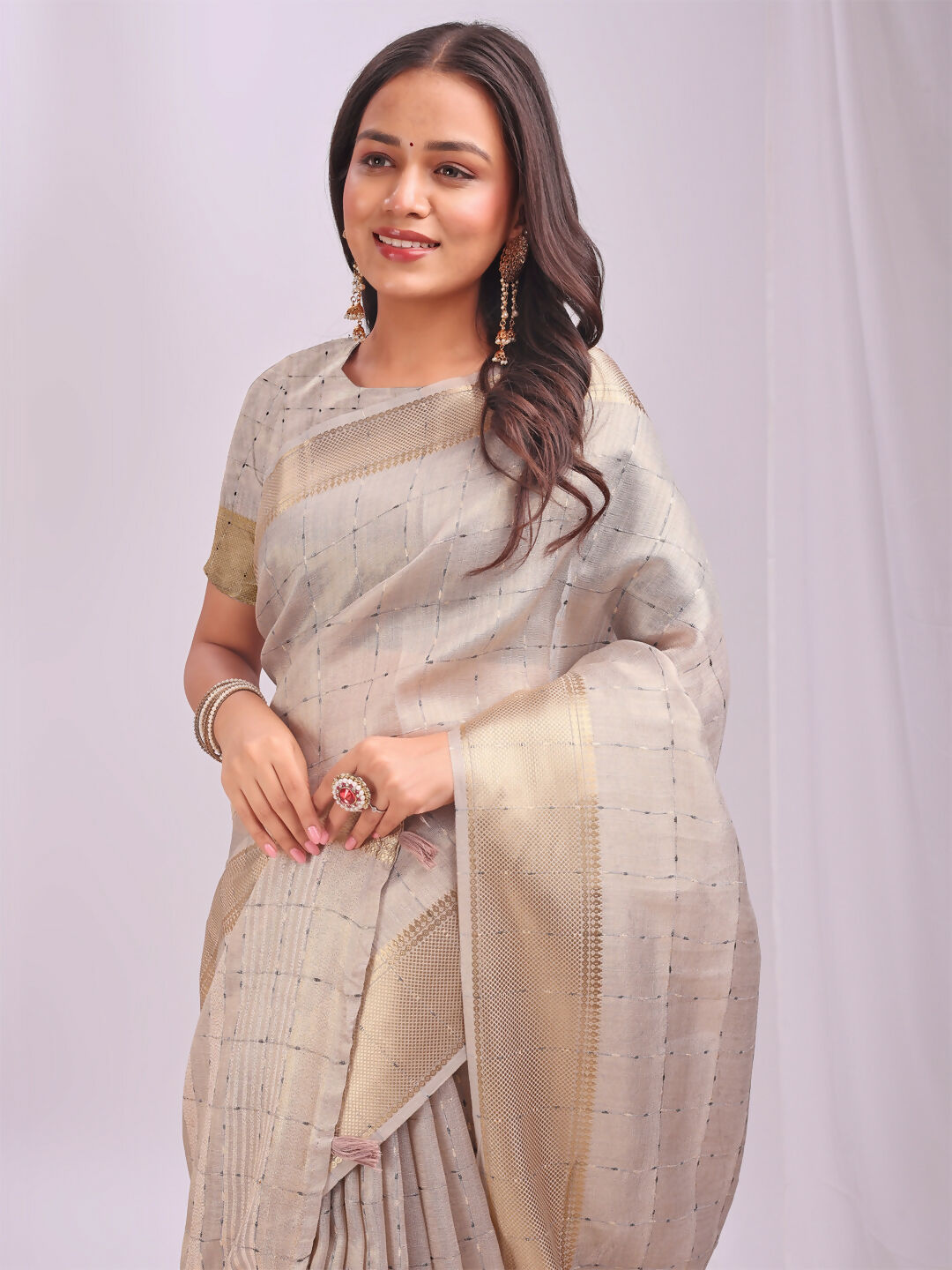 Shree Shyam Fashion Organza Cream Saree | Grocsy