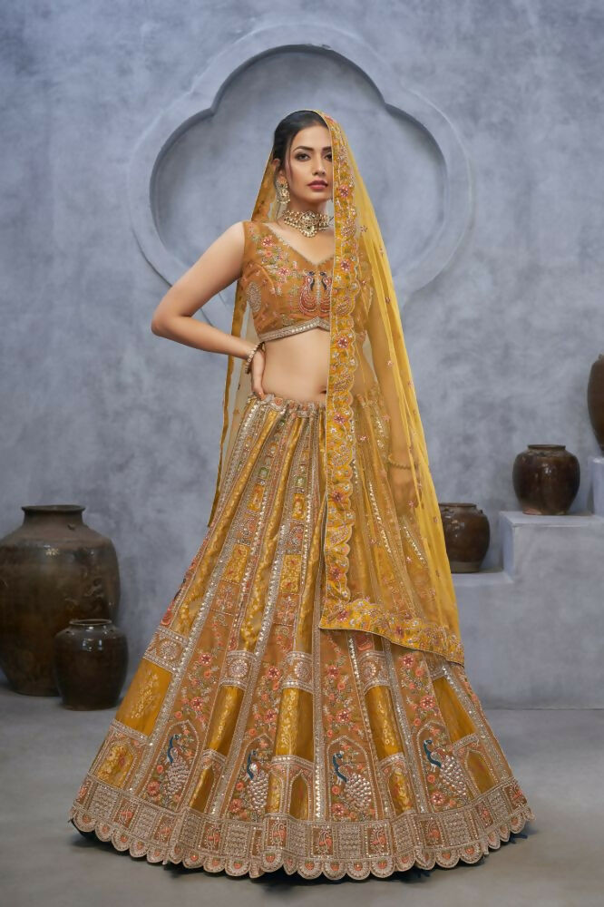Kesar Fab Mustard Organza Embroidered Lehenga | Grocsy