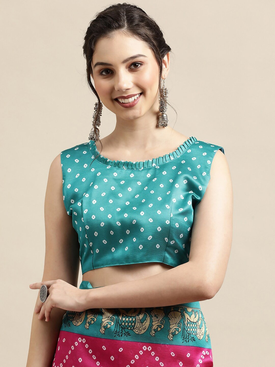 Saree Mall Pink & Teal Bandhani Printed Saree | Grocsy