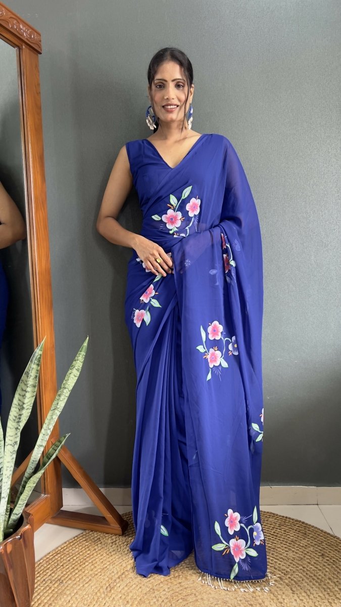 Aayaa Designer 1 min Hand Painted Ready to Wear saree - Navy Blue | Grocsy