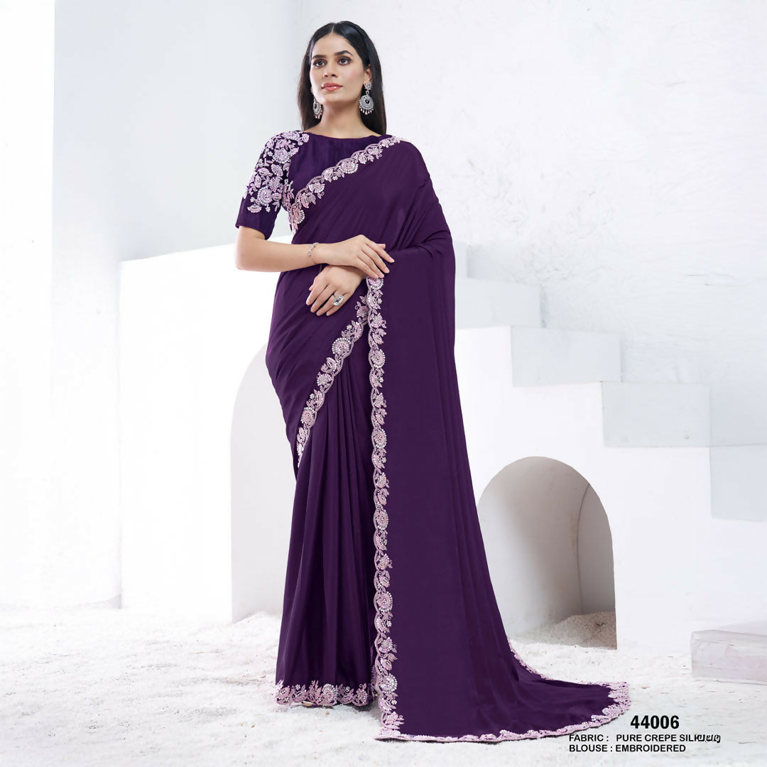 Purple Pure Crepe Silk Dual Sequence With Moti Work Saree With Unstitched Blouse - Norita Swaraa | Grocsy