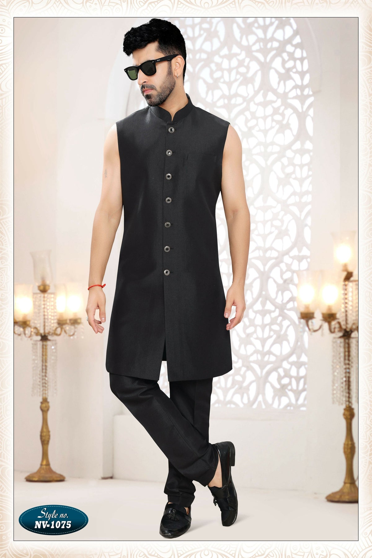 Joban Fashion Men's Black Straight Silk Thread And Sequence Embroidery All Over 3 Pc Kurta Set | Grocsy