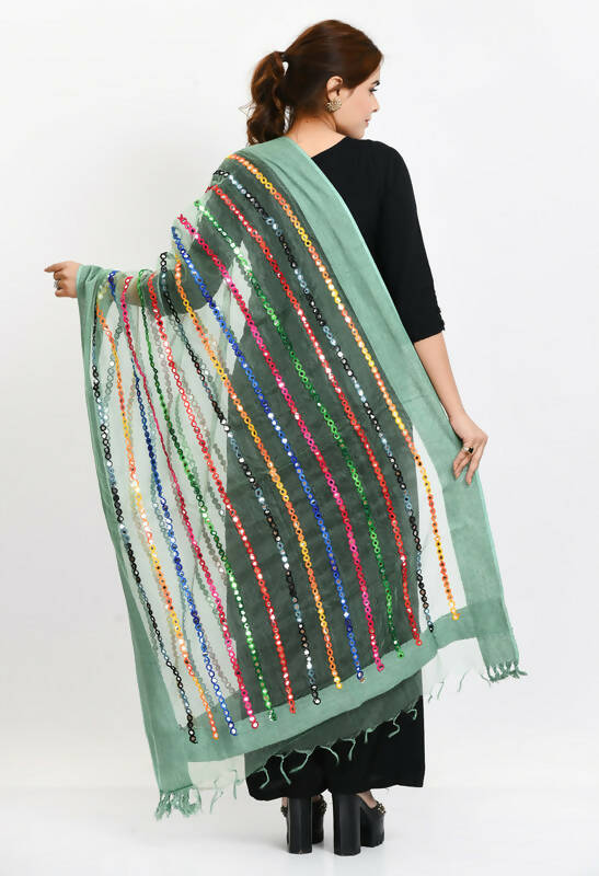 Mominos Fashion Moeza Women's Orgenza Multi Thread Mirror Work Pista Green Dupatta | Grocsy