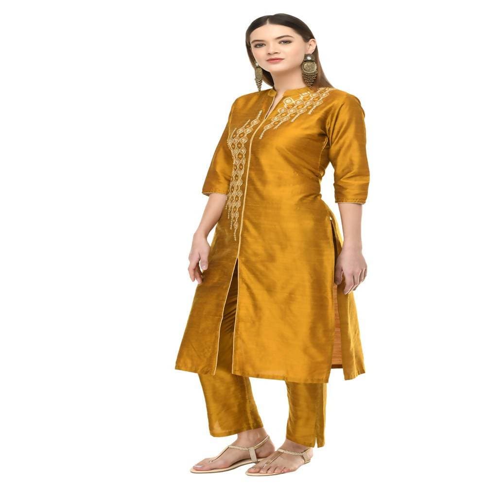 Lagi Women's Mustard Poly silk Straight Embroidred Kurta & Pant (RO115C) | Grocsy