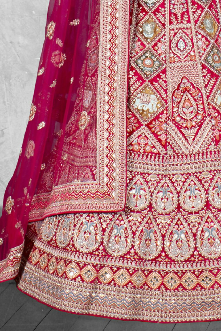 Pink Velvet Pure Mirror Work Semi Stitched Lehenga Choli with Dupatta - Nimaya Lagnotsav | Grocsy