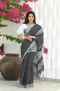 Beatitude Black Cotton Tanchori Handloom Saree | Grocsy
