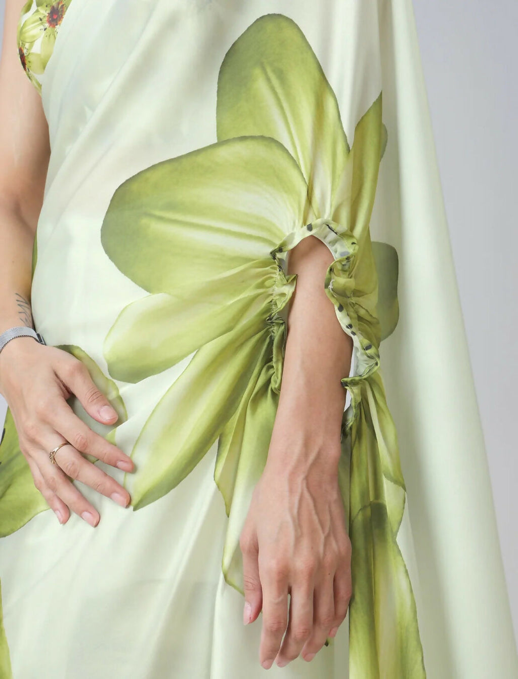 Vastranavya Mint Green Freehand Floral Print Ready to Wear Saree | Grocsy