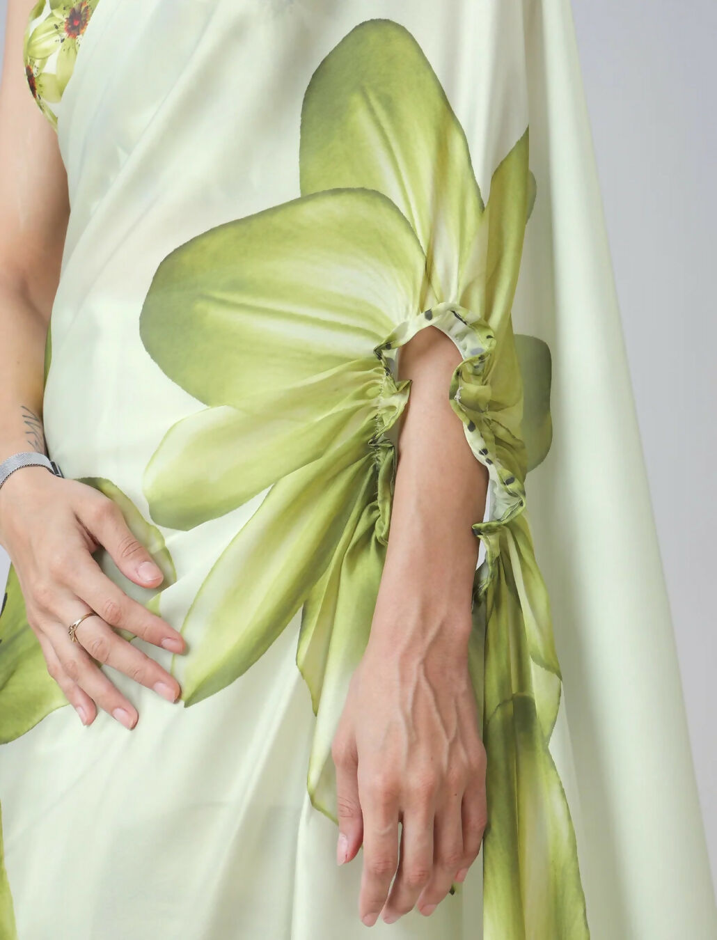 Vastranavya Mint Green Freehand Floral Print Ready to Wear Saree | Grocsy