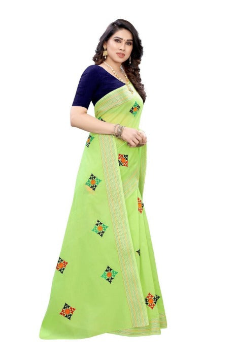 Vamika Chanderi Cotton Embroidery Green Saree (Dixa Green) | Grocsy