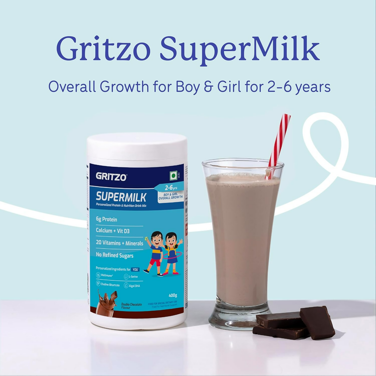 Gritzo SuperMilk Overall Growth (2-6y Boy & Girl) (Double Chocolate) with Super Gummies (Natural Orange Flavour) | Grocsy