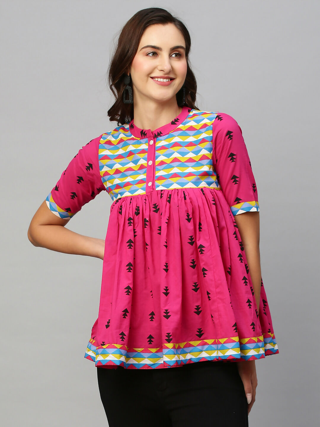 Pink & Black Pure Cotton Printed A-Line Top - Bosky | Grocsy