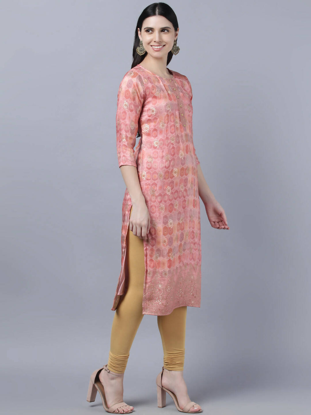Myshka Stylish Pink 3/4 Sleeve Women's Kurta | Grocsy