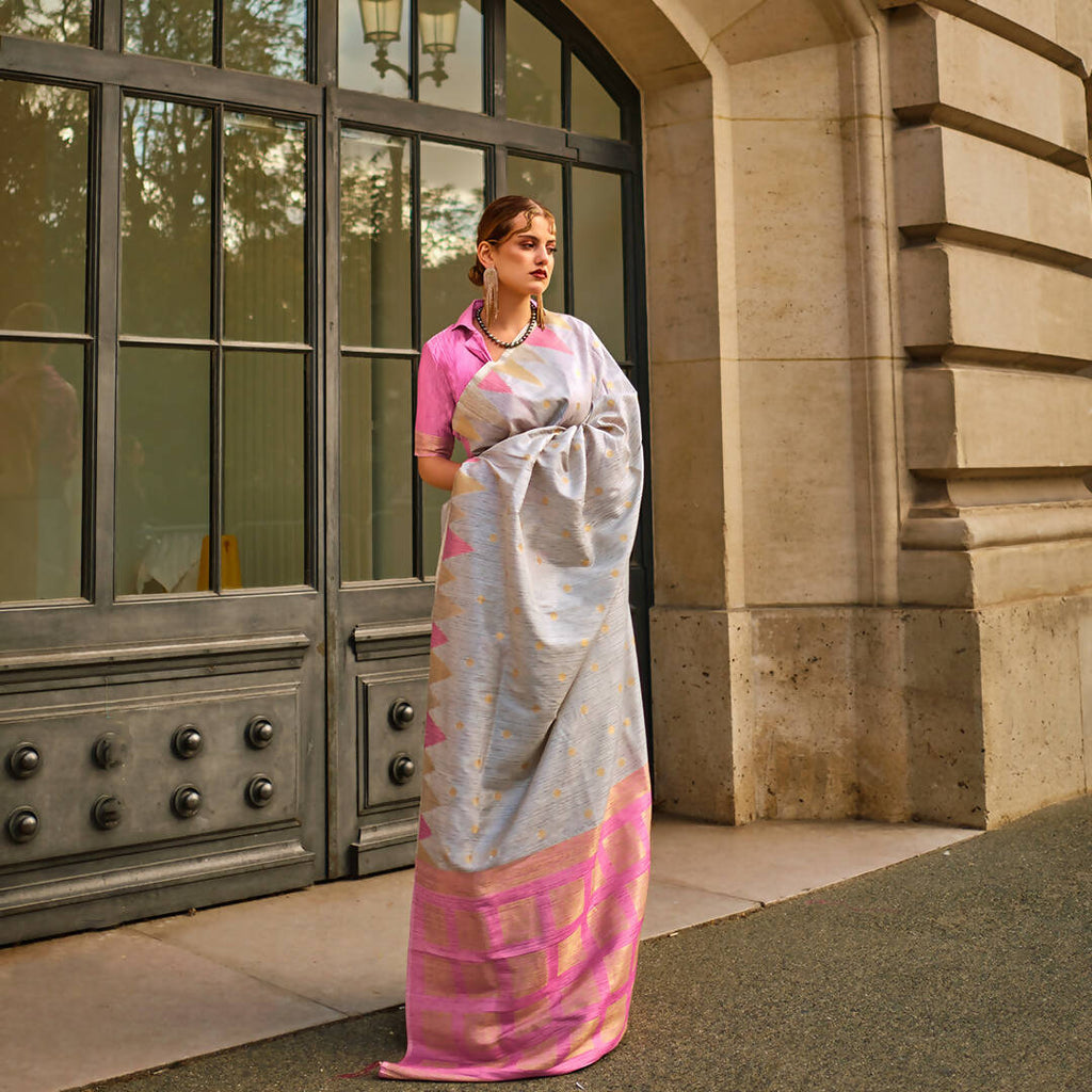 Coine Grey Handloom Khaddi Silk Saree With Contrast Pallu & Blouse - Rajtex Khwaab Silk | Grocsy