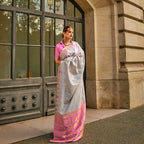 Coine Grey Handloom Khaddi Silk Saree With Contrast Pallu & Blouse - Rajtex Khwaab Silk | Grocsy
