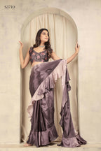 Wine Satin Solid Designer, Printed Party Wear Ready To Wear Saree - Nasreen | Grocsy