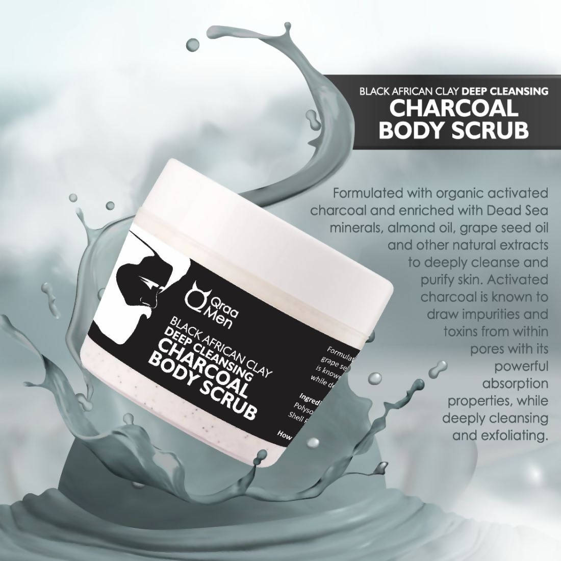 Qraa Men Black African Clay Deep Cleansing Charcoal Body Scrub | Grocsy