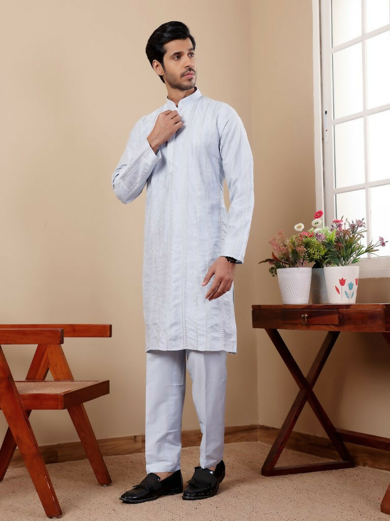 Light Blue Silk Designer Embroidery Work Men's Rajwadi Kurta Set - Mahotsav | Grocsy