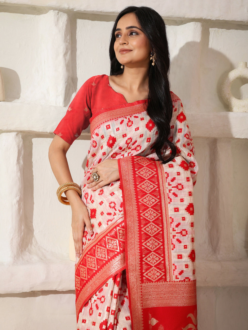 Shree Shyam Fashion Linen Cotton Red & White Saree | Grocsy
