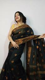 Exclusive Collection Beautiful Black Cotton Silk Woven Handloom Saree With Running Blouse Piece | Grocsy