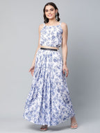Ahalyaa Women Blue Crepe Printed Top with Skirt with Net Overlay | Grocsy