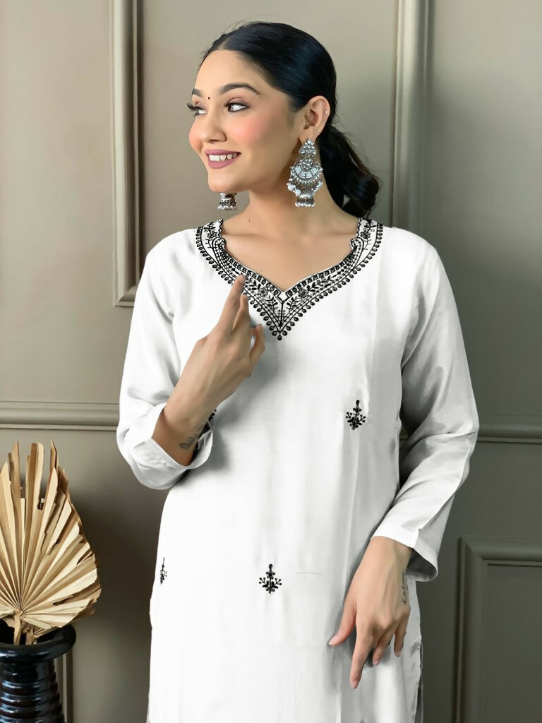 White Viscose chanderi Stitched Suit With Dupatta - Tanisha | Grocsy