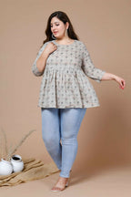 Miravan Women's Beige Plus Size Cotton Floral Printed Short Kurti | Grocsy