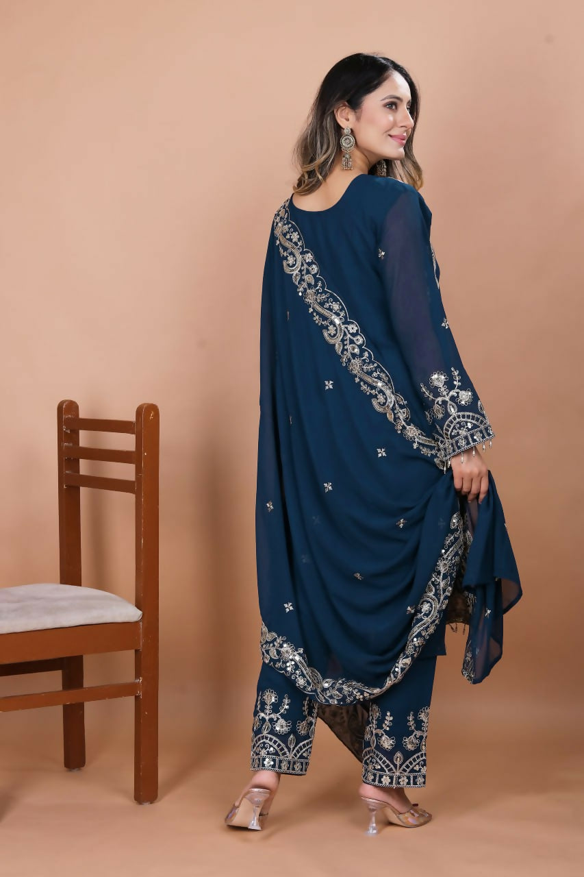 Joban Fashion Blue Georgette Embroidered Kurti Set | Grocsy