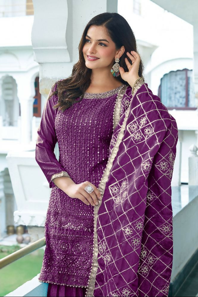 Teeya Creation Wine Colour Chinnon Silk Heavy Embroidery Work Fully Stitched Salwar Suit | Grocsy