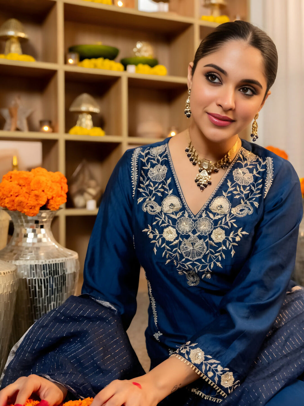 The52 Women's Beautiful Viscose Silk Fabric Embroidery Work A-Line Kurta Pant and Dupatta Set | Grocsy